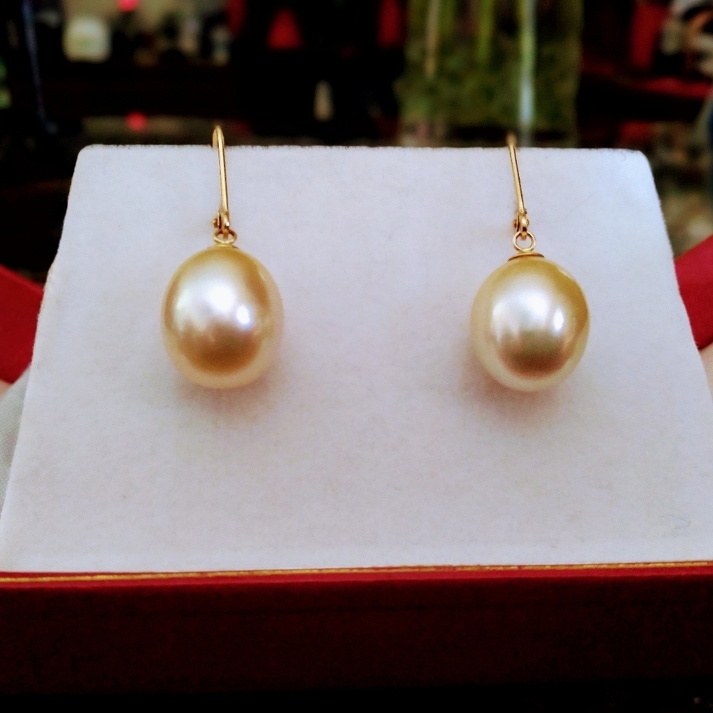 🔥14K 12-13MM Champagne Golden South Sea Leverback Pearl Drops
